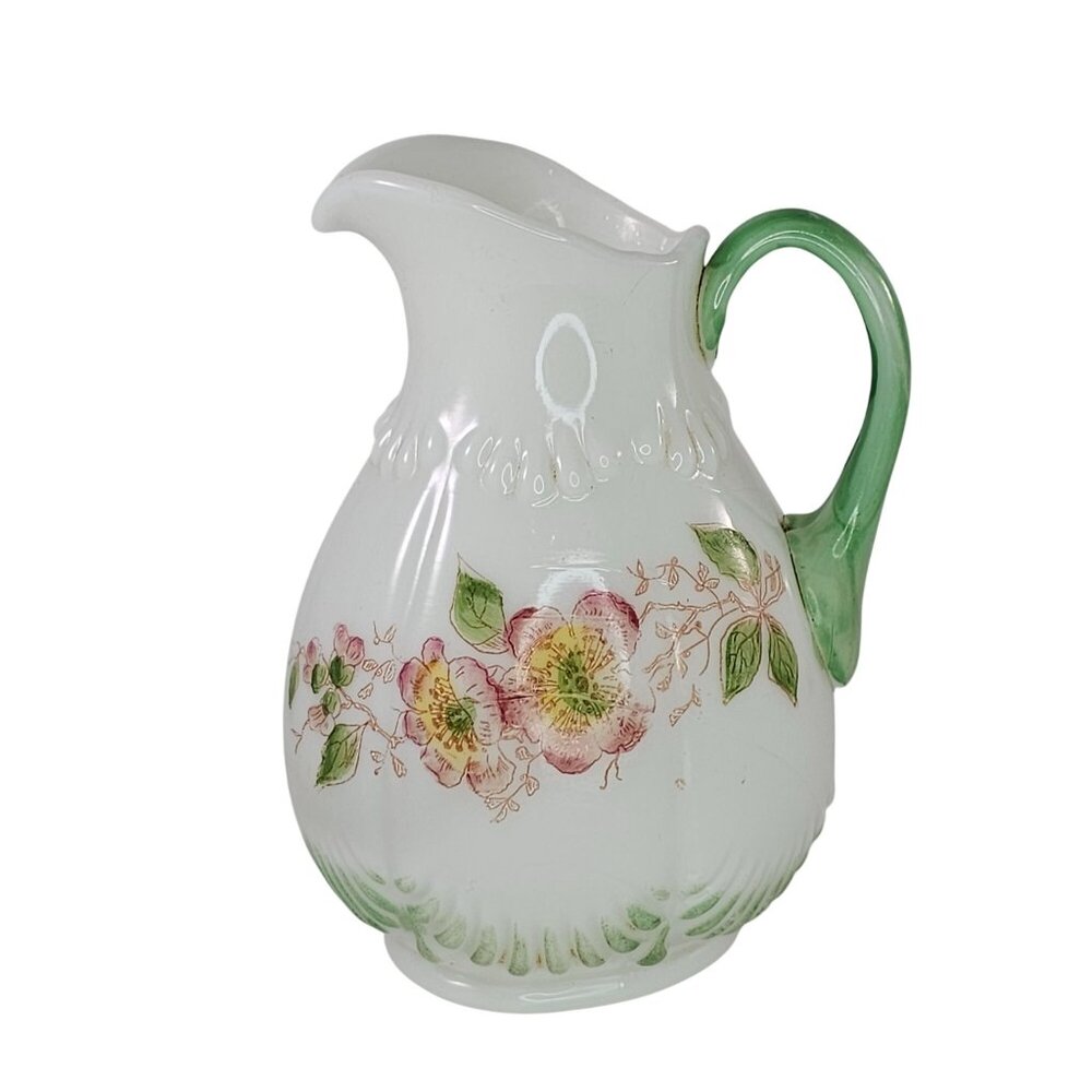 Antique Floral Porcelain Pitcher With Green Handle & Embossed Details